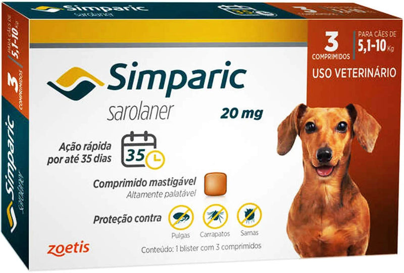 Simparic 20mg, 5,1 até 10kg 03 Comprimidos Simparic para Cães