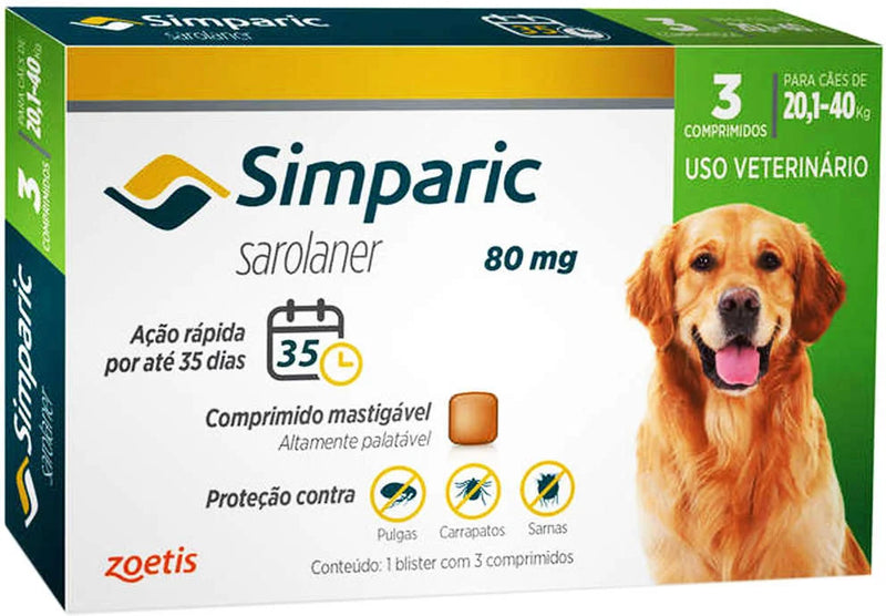 Antipulgas Simparic cães 20,1 - 40 kg - 3 Comprimidos Simparic