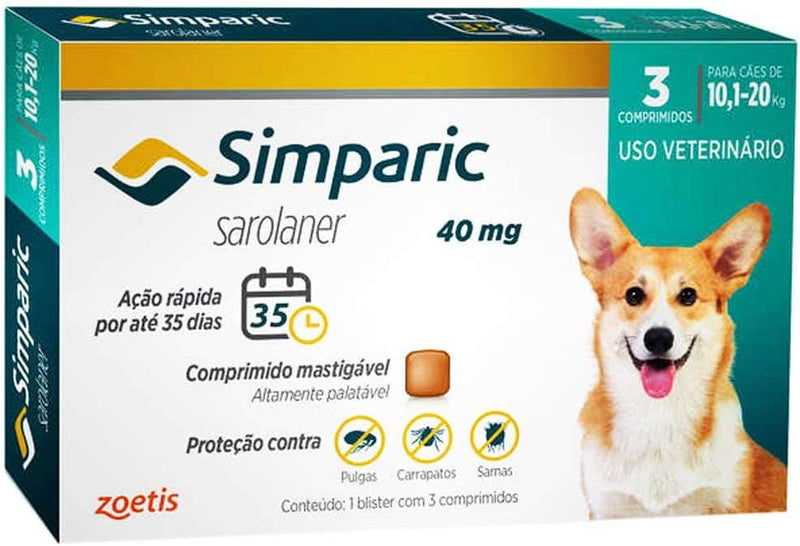 Antipulgas Simparic 40 Mg Para Cães 10,1 A 20 Kg - 3 Comprimidos